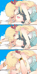 1boy 1girl :d ^_^ azumi_(myameco) black_hair blonde_hair blue_eyes closed_eyes command_spell commentary_request couple ereshkigal_(fate) fate/grand_order fate_(series) fujimaru_ritsuka_(male) fujimaru_ritsuka_(male)_(summer_street) hetero long_hair one-piece_swimsuit open_mouth red_eyes short_hair smile space_ereshkigal_(fate) space_ereshkigal_(first_ascension)_(fate) swimsuit