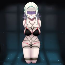 1girl bare_shoulders bdsm black_background black_panties blindfold blush bondage bound breasts brown_rope cleavage collarbone covered_mouth dankestofdans edelgard_von_hresvelg female_focus fire_emblem fire_emblem:_three_houses gag gagged green_background hair_ornament hair_ribbon highres improvised_gag intelligent_systems kneeling large_breasts long_hair navel nintendo panties purple_ribbon red_trim ribbon rope shiny_clothes shiny_skin sideboob solo tape tape_gag tape_on_mouth thick_thighs thighs underwear underwear_only white_hair