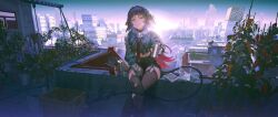 1girl black_socks building can drink_can flower green_eyes highres holding holding_can open_mouth plant reoen short_hair socks tail zenless_zone_zero