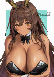 Rule 34 | 1girl, animal ear hairband, animal ears, aqua background, armpit crease, arms under breasts, artist name, black bow, black bowtie, black hairband, black leotard, blush, border, bow, bowtie, breasts, brown hair, cleavage, closed mouth, collar, collarbone, commentary request, dark-skinned female, dark skin, detached collar, double-parted bangs, fake animal ears, goddess of victory: nikke, hair intakes, hair over shoulder, hairband, highres, huge breasts, leotard, long hair, long sidelocks, looking at viewer, noir (nikke), outside border, playboy bunny, rabbit ear hairband, rabbit ears, raised inner eyebrows, sidelocks, solo, upper body, watermark, white border, white collar, wrist cuffs, yamamori kinako, yellow eyes