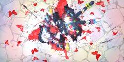 Rule 34 | 1girl, absurdres, arrow (projectile), black boots, black hat, black pantyhose, blonde hair, blood, blood in hair, blood on clothes, blood splatter, boots, bow, bug, butterfly, buttons, closed eyes, death, dress, dutch angle, from above, full body, game cg, hair flaps, hair ornament, hat, head tilt, highres, injury, insect, jacket, jacket partially removed, jougasaki noa, knees up, long hair, long sleeves, lying, magical girl, mahou shoujo no majo saiban, multicolored hair, official art, on back, pantyhose, polka dot, scrunchie, sideways, skirt, solo, twintails, umemaro (siona0908), white hair