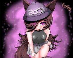 1girl animal_ears artist_name bent_over black_shirt blush breasts brown_hair clothes_lift come_hither cowboy_shot ecstasy_(icyblue) female_focus glowing glowing_eyes hair_over_one_eye hat highres horse_ears horse_girl horse_tail leaning_forward licking_lips loli long_bangs long_hair looking_at_viewer miniskirt naughty_face navel no_bra no_panties partially_visible_vulva pleated_skirt purple_eyes rice_shower_(boc&#039;z)_(umamusume) rice_shower_(umamusume) shirt signature skin_tight skindentation skirt skirt_lift sleeveless sleeveless_shirt small_breasts smile solo spiked_hair tail thick_thighs thighs tight_clothes tongue tongue_out umamusume very_long_hair white_skirt