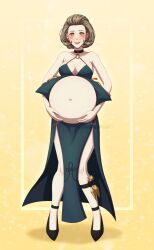 1girl adricarra bare_shoulders blush breasts choker cleavage female_focus fire_emblem fire_emblem:_three_houses full_body highres large_breasts looking_at_viewer manuela_casagranda medium_hair misscherrylle mole mole_under_eye pregnant solo yellow_eyes