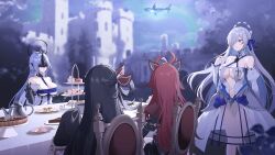 4girls alsace_(azur_lane) azur_lane banquet bare_shoulders black_hair blue_eyes blue_flower blue_hair blue_ribbon blue_whale breast_strap breasts brennus_(azur_lane) brown_eyes cake castle center_opening chair cross cup dress dress_flower epee_(azur_lane) fleuret_(azur_lane) flower flying_whale food game_cg hair_over_one_eye hair_ribbon highres holding holding_cup large_breasts leaf long_sleeves looking_up masked multiple_girls navel non-web_source official_art outdoors red_hair ribbon see-through_clothes see-through_dress sleeves_past_fingers sleeves_past_wrists table teacup teapot tree whale white_dress white_hair