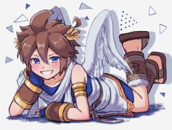 1boy ahoge ancient_greek_clothes androgynous angel angel_wings arm_support armlet belt bike_shorts blue_eyes blue_undershirt bracer brown_hair collarbone feathered_wings fur-trimmed_footwear fur_trim gold_trim greco-roman_clothes grin hand_on_own_cheek hand_on_own_face head_rest jewelry kid_icarus kid_icarus_uprising laurel_crown looking_at_viewer lying male_focus narrowed_eyes nintendo on_stomach pit_(kid_icarus) sandals shadow sidelocks single_bare_shoulder smile spiked_hair swinging_legs triangle_background undershirt v-shaped_eyebrows waffuum white_wings wings