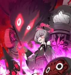 1girl absurdres ahoge bandaged_hand bandages bare_shoulders black_nails blue_archive book commentary_request daruma_doll datemegane gauze gauze_on_cheek grey_hair grey_sleeves halo hand_up highres holding holding_book kurokage_(blue_archive) lantern long_hair monster open_mouth red_halo shuro_(blue_archive) sideless_kimono smile standing tsukumogami umbrella
