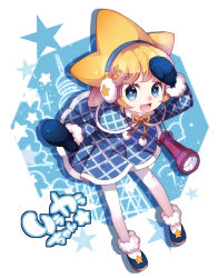 1girl arm_up blonde_hair blue_eyes bow coat dress earmuffs female_focus flashlight full_body hair_ornament jewelry looking_at_viewer mittens necklace orange_bow original pantyhose short_hair solo sorakara-chan star-shaped_hair star_(symbol) star_hair_ornament telescope wasabi_(sekai) winter_clothes winter_coat
