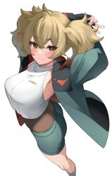 1girl armpits ass black_gloves blush bodystocking breasts brown_eyes brown_hair fingerless_gloves gloves green_jacket green_shorts grey_shirt grey_shorts gundam gundam_suisei_no_majo hair_between_eyes highres jacket looking_at_viewer medium_breasts pyonsan renee_costa shirt shorts sleeveless sleeveless_shirt smile solo twintails twisted_torso
