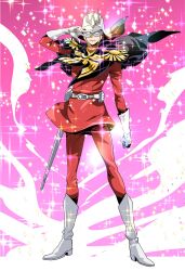 1boy belt blonde_hair capelet char_aznable epaulettes gloves gundam gundam_gquuuuuux helmet highres jacket looking_at_viewer male_focus mask military military_uniform nyan_co3 red_jacket sail short_hair smile zeon