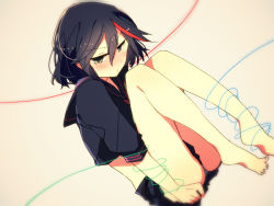 10s 1girl anko_(kirikiri) bad_feet barefoot black_hair blue_eyes blush dutch_angle female_focus kill_la_kill knees_to_chest matoi_ryuuko panties pantyshot senketsu simple_background sitting skirt solo string striped_clothes striped_panties thighs underwear upskirt