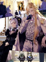 Rule 34 | 1boy, 1girl, absurdres, bangboo (zenless zone zero), blonde hair, butler (zenless zone zero), formal clothes, girl with a pearl earring, gloves, hair between eyes, hair ornament, half gloves, heterochromia, highres, hugo vlad, jacket, jewelry, long hair, mako ojisan, mole, mole under eye, nail polish, pointy ears, purple hair, red eyes, ring, robin (zenless zone zero), single glove, vivian banshee, zenless zone zero
