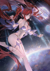 Rule 34 | 1girl, absurdres, anklet, armlet, armor, armpits, artist request, barefoot, bikini armor, bracelet, breasts, brown eyes, cleavage, clenched hands, collarbone, crease, curvy, earrings, earth (planet), erza scarlet, eyelashes, fairy tail, fairy tail: dragon cry, feet, feet up, female focus, fingernails, groin, hair ornament, halterneck, hands up, highres, jewelry, knees, large breasts, legs, long hair, long twintails, looking at viewer, looking to the side, navel, neck, official alternate costume, official alternate hairstyle, planet, red hair, revealing clothes, scan, sideboob, sidelocks, single earring, smile, space, swept bangs, thighlet, thighs, twintails, wide hips