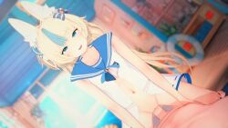 1boy 1girl 3d animal_ears animated blonde_hair blue_bow blue_eyes blue_hair bow cleft_of_venus cowgirl_position dress frilled_shirt_collar frills girl_on_top highres indie_virtual_youtuber looking_at_viewer low_twintails midriff multicolored_hair navel no_panties open_clothes open_dress open_mouth penis pussy sameko_saba sex solo_focus spread_legs stomach straddling tagme thighs twintails two-tone_hair uncensored vaginal video virtual_youtuber wataaamage