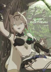 1girl absurdres animal_ears armpits asymmetrical_gloves bikini bikini_top_only black_bikini black_gloves black_shorts blue_eyes breasts brown_hair can_(honkai_impact) cat cat_ears cat_girl coin commentary_request elbow_gloves gloves green_eyes happy_birthday heterochromia highres holding holding_coin honkai_(series) honkai_impact_3rd medium_breasts nzg_09 open_mouth outdoors pardofelis pardofelis_(reverist_calico) short_hair_with_long_locks short_shorts shorts sitting_on_branch stomach swimsuit thighs uneven_gloves