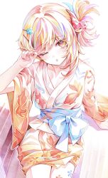 1girl alternate_costume arm_up blonde_hair breasts collarbone cowboy_shot fish_hair_ornament flower_hairpin genshin_impact goldfish_hair_ornament hair_ornament hairpin highres japanese_clothes kimono leg_tattoo looking_at_viewer medium_breasts multicolored_kimono nail_polish obi one_eye_closed one_side_up open_mouth orange_eyes orange_kimono orange_nails sash short_kimono signature sitting solo tattoo thighs touka_(pixiv71609120) white_background yoimiya_(genshin_impact) yukata