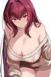 1girl bamboo_tac blush breasts cleavage closed_mouth commentary_request fate/grand_order fate_(series) highres large_breasts long_hair looking_at_viewer off-shoulder_sweater off_shoulder red_eyes red_hair scathach_(fate) simple_background solo sweater thighs white_background white_sweater