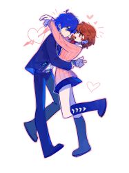 1boy 1girl arm_around_back arms_around_neck arrow_through_heart belt black_jacket black_pants black_shoes black_skirt black_socks blue_eyes blue_hair brown_eyes brown_hair cardigan choker couple digital_media_player earphones_removed earrings from_side full_body gekkoukan_high_school_uniform hashtag-only_commentary heart heart_choker heart_print highres hug jacket jewelry long_sleeves looking_at_another miniskirt open_clothes open_jacket open_mouth pants persona persona_3 pink_cardigan print_socks profile ribbed_cardigan rrrrrrrrrrrou1 school_uniform shoes short_hair simple_background skirt socks standing standing_on_one_leg stud_earrings takeba_yukari white_background white_choker yuuki_makoto_(persona_3)