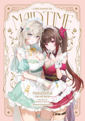 Rule 34 | 2girls, alternate costume, apron, aqua dress, aqua hair, black bow, black bowtie, blue eyes, bow, bowtie, breasts, brown hair, cleavage, closed mouth, cover, cover page, cowboy shot, detached collar, dress, enmaided, firefly (honkai: star rail), flower tattoo, grey hair, hair between eyes, heart, heart o-ring, highres, honkai: star rail, honkai (series), hug, index finger raised, large breasts, long hair, looking at viewer, maid, maid apron, maid headdress, mark under both eyes, medium breasts, multiple girls, o-ring, o-ring thigh strap, omelet tomato, puffy short sleeves, puffy sleeves, red dress, red eyes, short sleeves, simple background, smile, sparkle (honkai: star rail), tattoo, thigh strap, twintails, waist apron, waitress, white apron, white background, white wrist cuffs, wrist cuffs, yellow bow, yellow bowtie