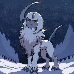 absol claws closed_mouth full_body gen_3_pokemon highres horns meloettachuuuuu night night_sky nintendo no_humans pokemon pokemon_(creature) red_eyes shadow single_horn sky solo star_(sky) starry_sky tree white_fur