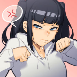 1girl anger_vein black_hair blue_eyes closed_mouth copyright_request crying dyun gradient_background hands_up hood hoodie long_sleeves looking_at_viewer paw_pose pink_background solo spoken_anger_vein tears twintails upper_body white_hoodie