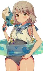 Rule 34 | 1girl, animal print, asymmetrical bangs, black one-piece swimsuit, blue neckerchief, blue sailor collar, blush, braid, brown eyes, cameltoe, cat print, closed mouth, covered navel, cowboy shot, crop top, grey hair, groin, hair ornament, highres, hisakawa nagi, holding, holding water gun, idolmaster, idolmaster cinderella girls, innertube, looking at viewer, michii yuuki, neckerchief, one-piece swimsuit, paw print, sailor collar, school swimsuit, shark hair ornament, shirt, simple background, sleeveless, sleeveless shirt, smile, solo, swim ring, swimsuit, swimsuit under clothes, thighs, twin braids, water gun, white background, white shirt