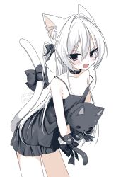 1girl animal_ears belt_collar black_bow black_camisole blush bow camisole cat_ears cat_girl collar commentary feet_out_of_frame highres holding long_hair looking_at_viewer original red_eyes sentouryoku_5 simple_background solo stuffed_animal stuffed_cat stuffed_toy symbol-only_commentary tail tail_bow tail_ornament white_background white_hair