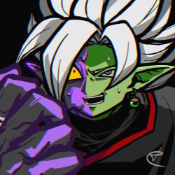 1boy black_background black_bodysuit bodysuit colored_sclera colored_skin dragon_ball dragon_ball_super earrings fused_zamasu green_skin grey_eyes heterochromia jewelry ldrcrest looking_up melting mismatched_pupils mismatched_sclera multicolored_skin mutation nervous nervous_smile nervous_sweating open_mouth pointy_ears potara_earrings purple_eyes purple_skin ring sharp_teeth smile solo spiked_hair sweat teeth white_hair yellow_sclera