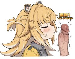 1boy 1girl animal_ears blonde_hair blowing_on_penis blush censored closed_eyes colored_inner_hair grey_shirt hetero highres jacket ju_fufu ketsu_juuji_killer_(kejuki) loli mosaic_censoring multicolored_hair penis shirt simple_background tiger_ears tiger_girl white_background white_hair yellow_jacket zenless_zone_zero