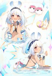 1girl :d ;p alternate_hair_length alternate_hairstyle bare_shoulders black_gloves blue_hairband blush braid breasts commentary crop_top double_v elphe fingerless_gloves from_side genshin_impact gloves hairband highres long_hair looking_at_viewer medium_breasts medium_hair mualani_(genshin_impact) multiple_views navel one_eye_closed open_mouth partially_submerged ponytail red_eyes smile star_(symbol) stomach symbol-shaped_pupils tongue tongue_out v very_long_hair water white_gloves white_hair