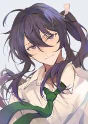 1boy ahoge bishounen closed_mouth double-parted_bangs ensemble_stars! floating_clothes floating_hair green_necktie hair_between_eyes hair_intakes highres kanzaki_souma kaoso long_hair looking_at_viewer male_focus motoyui necktie ponytail portrait purple_eyes purple_hair school_uniform shirt sidelocks smile solo summer_uniform white_background white_shirt yumenosaki_school_uniform