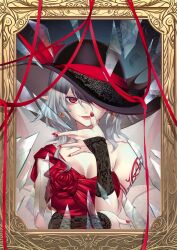 1girl absurdres alternate_costume bat_wings black_hat blue_hair breasts broken_glass cleavage dress earrings fingerless_gloves fingernails glass gloves hat hat_over_one_eye hat_ribbon highres jewelry lace_sleeves looking_at_viewer medium_breasts medium_hair mirror parted_lips pentagram pointy_ears red_dress red_eyes red_nails red_ribbon remilia_scarlet ribbon scan shattered shoulder_tattoo shukusuri single-shoulder_dress single_bare_shoulder single_strap solo tattoo third-party_source touhou triangle_earrings upper_body wings