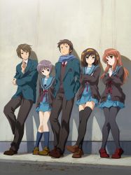 10s 2boys 3girls absurdres asahina_mikuru black_socks brown_eyes brown_hair crossed_arms detexted hair_ribbon highres kneehighs koizumi_itsuki kyon long_hair multiple_boys multiple_girls nagato_yuki pantyhose purple_hair red_hair ribbon scarf school_uniform serafuku short_hair skirt smile smirk socks suzumiya_haruhi suzumiya_haruhi_no_shoushitsu suzumiya_haruhi_no_yuuutsu thighhighs third-party_edit wall winter_uniform zettai_ryouiki