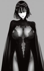 1girl absurdres alternate_costume breasts breasts_apart chronopattern_dress cloak commentary covered_navel dress english_commentary fubuki_(one-punch_man) greyscale highres large_breasts looking_at_viewer meme_attire monochrome mostlybluewyatt one-punch_man short_hair solo