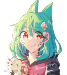1girl :&gt; blush facial_mark food-themed_hair_ornament glitch_productions green_hair hair_ornament melony_(smg4) red_eyes short_hair smg4 solo watermelon_hair_ornament whisker_markings