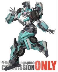 1girl autobot blue_eyes blue_lips commission head_tilt highres kamitoge_supino lifeline_(transformers) looking_at_viewer mecha open_hands redesign robot running smile solo transformers twitter_username watermark wheel white_background