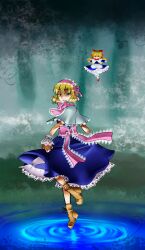 Rule 34 | 1girl, alice margatroid, blonde hair, blue background, blue dress, blue eyes, boots, bow, bowtie, brown boots, capelet, closed mouth, commentary request, doll, dress, expressionless, full body, hairband, highres, lace, lace-trimmed bowtie, lace-trimmed dress, lace-trimmed hairband, lace-trimmed sash, lace trim, looking at viewer, pink bow, pink bowtie, pink hairband, pink sash, ripples, sash, shaded face, shanghai doll, short hair, simotukiryuusi, solo, touhou, white capelet