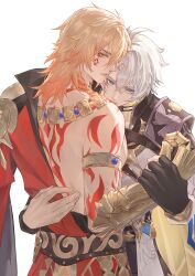 2boys absurdres antenna_hair arm_tattoo armlet armor back_tattoo black_choker black_coat black_shirt blonde_hair blue_cape blue_eyes braid cape choker clawed_gauntlets coat facial_tattoo gold_necklace gradient_hair hair_between_eyes hanchuanyeyoh highres honkai:_star_rail honkai_(series) jewelry looking_at_viewer male_focus medium_hair multicolored_hair multiple_boys mydei_(honkai:_star_rail) necklace open_clothes open_coat pauldrons phainon_(honkai:_star_rail) red_cape red_hair red_tattoo shirt short_hair shoulder_armor side_braid side_cape simple_background single_pauldron sun_symbol sun_tattoo tan tattoo white_background white_coat white_hair yaoi yellow_eyes