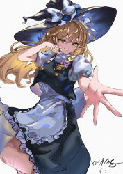 1girl absurdres apron black_hat black_skirt black_vest blonde_hair bow braid chinese_commentary commentary_request dated grin hair_bow hat hat_bow highres kirisame_marisa long_hair looking_at_viewer puffy_short_sleeves puffy_sleeves purple_bow reaching reaching_towards_viewer sakura_no_ha short_sleeves side_braid signature simple_background single_braid skirt smile touhou very_long_hair vest waist_apron white_apron white_background white_bow witch_hat yellow_eyes