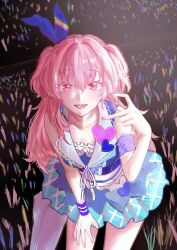 1girl absurdres alternate_costume blue_dress blue_skirt bow collarbone detached_sleeves dress fang hair_bow heart heart_hands highres leaning_forward long_hair looking_at_viewer momoi_airi open_mouth pink_eyes pink_hair project_sekai ribbon skirt sleeveless solo stage tagme two_side_up zeoksang