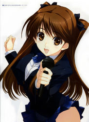 10s 1girl absurdres blazer brown_eyes brown_hair female_focus hair_ribbon highres jacket looking_at_viewer looking_up microphone nakamura_takeshi non-web_source ogiso_setsuna open_mouth pleated_skirt ribbon school_uniform simple_background skirt smile solo white_album_(series) white_album_2