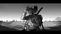 101_airborne 1girl erica_(naze1940) gloves greyscale gun helmet highres letterboxed military military_uniform military_vehicle monochrome motor_vehicle original parachute paratrooper rifle sky soldier solo_focus tank weapon world_war_ii