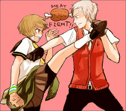 1boy 1girl atlus bad_id bad_pixiv_id battle bike_shorts boned_meat boxing brown_eyes brown_hair crossover food karate kicking meat persona persona_3 persona_4 punching sanada_akihiko satonaka_chie school_uniform sega sudachips white_hair