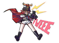 &gt;_&lt; 1girl alarm_siren azur_lane bandaid bandaid_on_face black_boots black_gloves blowing_whistle blue_necktie boots cape commentary english_commentary full_body gallant_(azur_lane) gloves hat long_hair long_sleeves necktie pantyhose pink_hair pointing pointing_at_viewer police_hat red_cape shirt shorts simple_background sirhoopsalot solo whistle white_background white_pantyhose white_shirt white_shorts