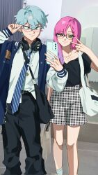 Rule 34 | 1boy, 1girl, alien stage, bag, black pants, black shirt, cellphone, crepelily, earrings, fashion, glasses, grey hair, headphones, highres, jewelry, long hair, mizi (alien stage), necklace, necktie, pants, phone, pink hair, ring, selfie, shirt, short hair, single earring, skirt, smartphone, smile, socks, till (alien stage), v, white socks