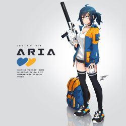 1girl absurdres air_jordan aria_(jestami) backpack bag bags_under_eyes black_choker black_hair black_shorts black_thighhighs blue_jacket breasts character_name choker cleavage commentary cup disposable_coffee_cup disposable_cup dolphin_shorts drawstring english_commentary english_text full_body gun hair_ornament hairclip highres holding holding_gun holding_weapon hood hood_down hoodie jacket jestami kriss_vector looking_at_viewer medium_breasts medium_hair nike_(company) open_clothes open_jacket orange_eyes original polygonal_suppressor ponytail reflective_floor shoes short_ponytail shorts sneakers solo standing submachine_gun suppressor thighhighs thighs unworn_backpack unworn_bag weapon white_hoodie