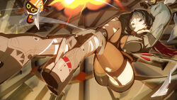 Rule 34 | 1girl, absurdres, black hair, explosion, highres, jane doe (zenless zone zero), open mouth, thighhighs, torn clothes, torn thighhighs, yuyiosang, zenless zone zero
