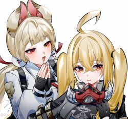 2girls :d ahoge alice_thymefield alternate_hairstyle animal_ears black_gloves black_jacket black_shirt blonde_hair commentary_request facing_viewer fingerless_gloves fingernails gloves hair_ornament heterochromia highres jacket long_hair long_sleeves looking_at_another low_twintails luciana_de_montefio mask mask_around_neck multiple_girls om_rm1101 open_mouth pom_pom_(clothes) pom_pom_hair_ornament red_eyes respirator shirt signature simple_background smile steepled_fingers twintails twitter_username white_background white_shirt yellow_eyes zenless_zone_zero