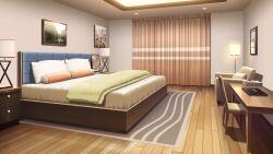 bed bedroom book book_stack computer couch desk drawer highres hotel_room indoors lamp laptop no_humans non-web_source official_art our_life:_beginnings_and_always painting_(object) pillow rug scenery towel wooden_chair wooden_desk wooden_floor