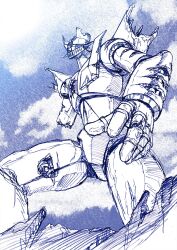 damaged greyscale habara_nobuyoshi highres mazinger_(series) mazinger_z mazinger_z_(mecha) mecha mecha_focus monochrome no_humans robot science_fiction solo super_robot