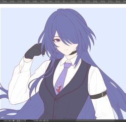 1girl acheron_(honkai:_star_rail) alternate_costume arm_belt art_program_in_frame black_choker black_gloves black_vest breasts choker closed_mouth commentary earrings english_commentary gloves hair_over_one_eye hand_up honkai:_star_rail honkai_(series) jewelry long_hair long_sleeves looking_at_viewer medium_breasts necktie purple_background purple_eyes purple_hair purple_necktie samlatte shirt solo vest white_shirt